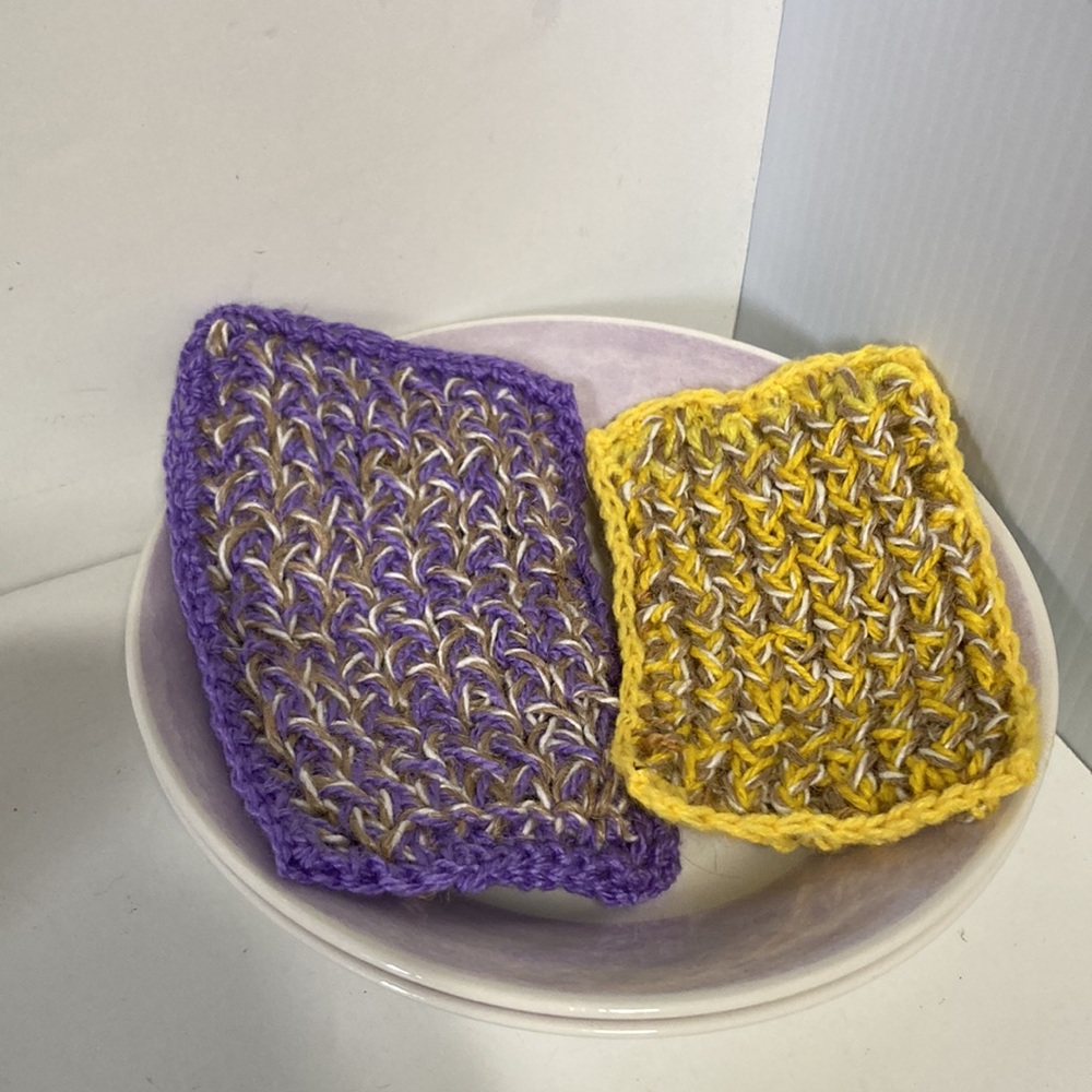 2 Handmade Knitted Scrubby Scrubbie Dish Sponges Yellow Purple Tan Beige